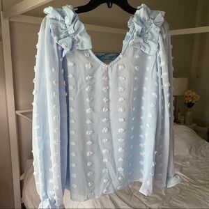 Light Blue LS Ruffle/Popcorn Detail Blouse